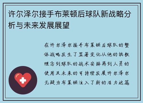 许尔泽尔接手布莱顿后球队新战略分析与未来发展展望